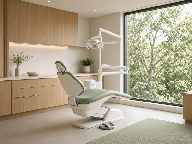 Een lichte behandelkamer met een groene tandartsstoel en uitzicht op bomen